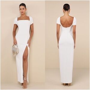 LULU’S Magnificent Impression White Square Neck Short Sleeve Maxi Dress